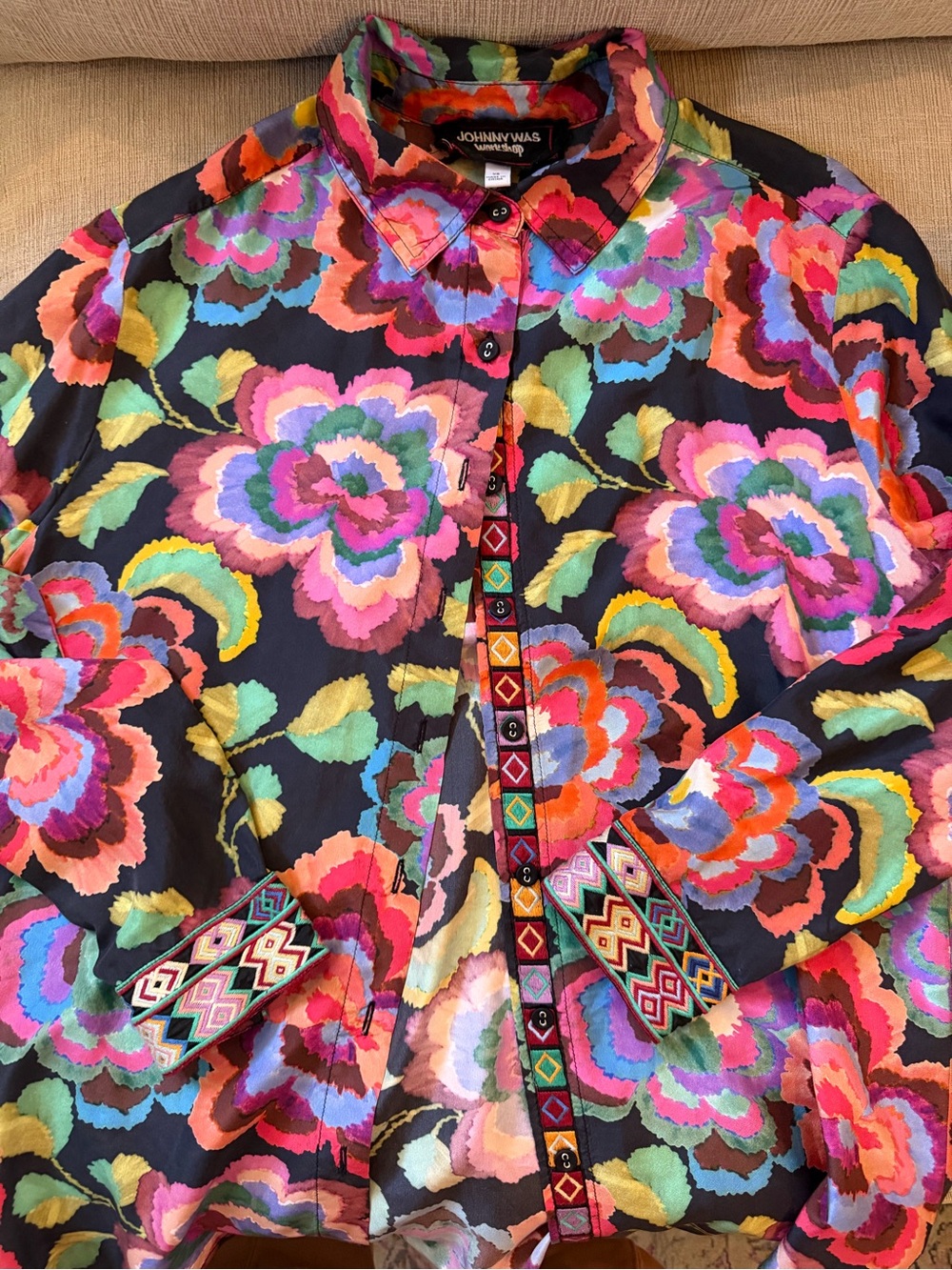Johnny Was Multicolor Silk Floral Button-Up Shirt